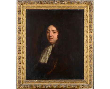 JOHN RILEY (1646-1691) PORTRAIT OF A GENTLEMAN Quarter length, wearing a dark brown cape, white lace jabot and a long wig, oi