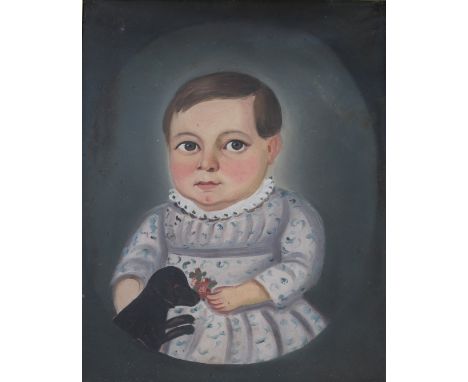 CONTINENTAL SCHOOL, 19th CENTURY PORTRAIT OF A CHILD WITH A DOG Half length, within a painted oval, oil on card, maple veneer