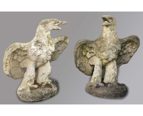 PAIR OF LIFE SIZED RECONSTITUTED STONE EAGLE GATE POST FINIALS, height 82cm, wing span 66cm (2)