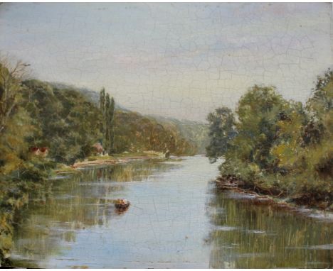 FOUR SMALL OIL PAINTINGS to comprise a river scene with a rowing boat by Albert Goodwin, on board, 20.5 x 25.5cm.; a portrait