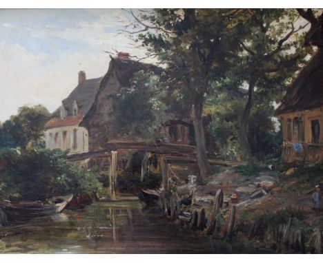 ATTRIBUTED TO PAUL HUET (1803-1869) A BACKWATER WITH COTTAGES AND BOATS IN THE PAS DE CALAIS Oil on board 26 x 34cm. Provenan