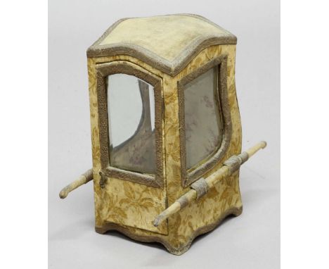 NOVELTY BIJOUTERIE CABINET IN THE FORM OF A SEDAN CHAIR, late 19th century, covered in a foliate tapestry, height 27cm