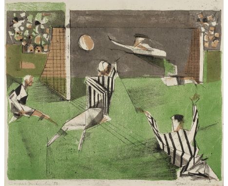 •CLIFFORD FISHWICK (1923-1997) GOAL Lithograph, printed in colour, 1953, signed, titled and dated 53 33.5 x 40.5cm. * This su