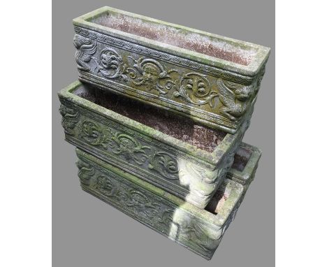 SET OF FIVE RECONSTITUTED STONE TROUGH PLANTERS, with Empire style winged beast decoration, height 26cm, width 72cm, depth 24