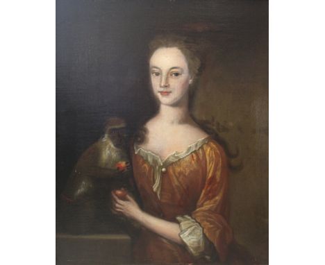 ENGLISH SCHOOL, Circa 1700-1720 PORTRAIT OF A LADY WITH A MONKEY She wearing a russet dress, oil on canvas 74.5 x 61cm. Prove