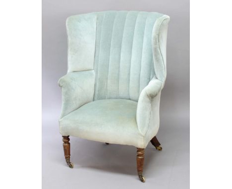 QUEEN ANNE STYLE WING BACK ARM CHAIR, late 19th century, with light blue velour upholstery, height 124cm