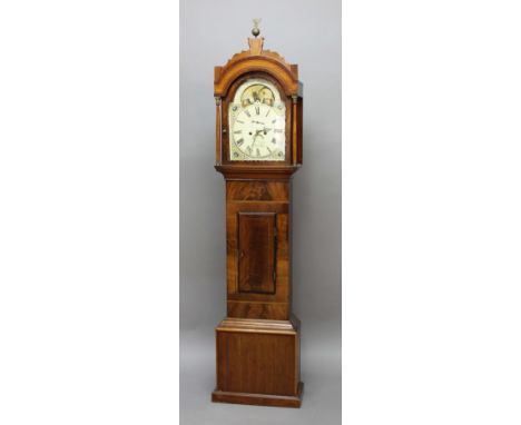 MAHOGANY LONG CASE CLOCK, the 12 1/2" painted dial with subsidiary seconds dial and date aperture, inscribed Wm Maggs, Axbrid