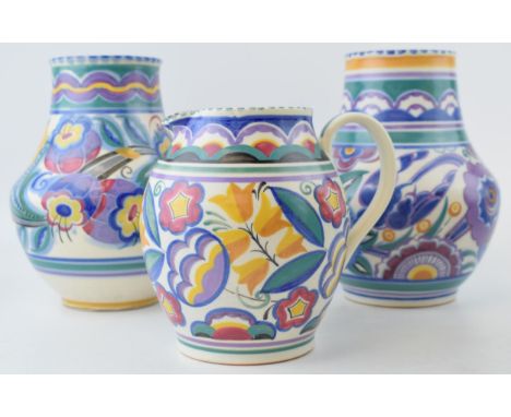 Poole Pottery to include a near pair of low-shouldered bulbous vases in the XA and HE patterns with a YW pattern jug (3), tal