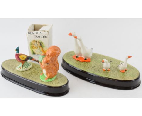 Beswick to include a pair of comical geese, 2 single comical geese, a pheasant, Squirrel Nutkin and 2 gloss ceramic bases (7)