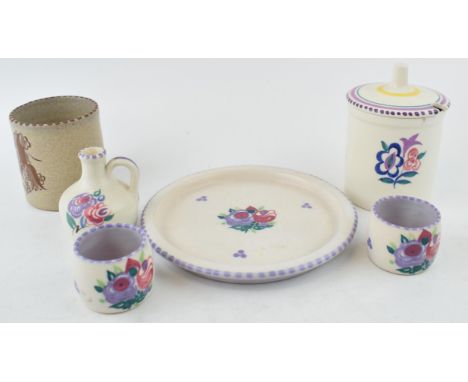 Poole Pottery to include a plate and 2 small salts in the IWW pattern, a similar jug in the RA pattern with a Carter Stabler 