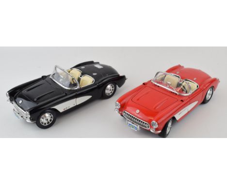 Two Burago 1/18 scale Chevrolet Corvette (1957) one in red and one in black. (2)  In good original condition.