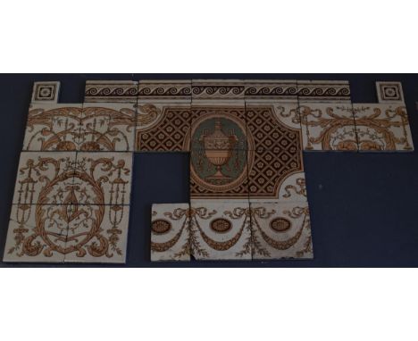 A Victorian Tile frieze, By Mintons China Works Stoke on Trent. Predominently in pinks, browns and blues on a cream ground. R
