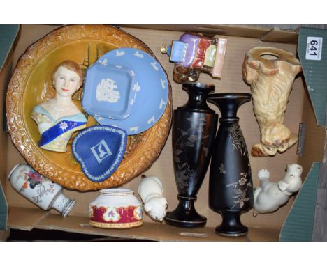 A mixed collection of ceramic items to include Wedgwood Jasperware items, Sylvac dog, Bossons wall plaque and similar items. 