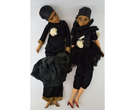Two Art Deco Boudoir dolls c1920s / 1930s. Fabric hand-painted faces, hand-made clothes, ceramic feet and limbs. (2) Height 7
