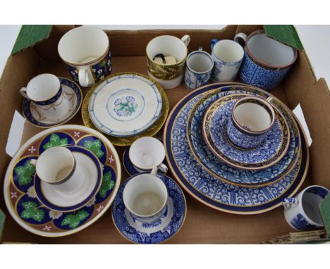 A collection of 19th and 20th century coffee cans and tea cups together with a trio, predominantly of blue and white wares by