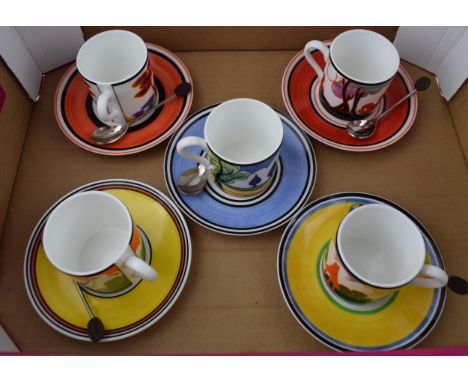 Wedgwood Bizarre by Clarice Cliff cups and saucers, Cafe Chic, to include Summerhouse and 4 others, with associated coffee be