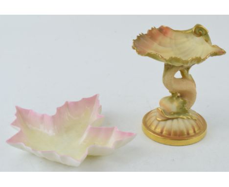 Royal Worcester dolphin and shell form table salt, model number G49 c1910 together with a Maple Leaf dish (2).  Dish is in go