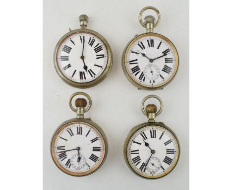 Four antique Goliath pocket watches a/f. White ceramic dials, Roman numerals and engine blued hands. Case diameter 64mm. (4) 