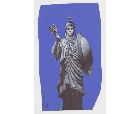   Paul Birkbeck 1939-2019, Greek goddess (possibly Athena) wearing a helmet, blue background, 24 x 14 cms, not signed, ABOUT 