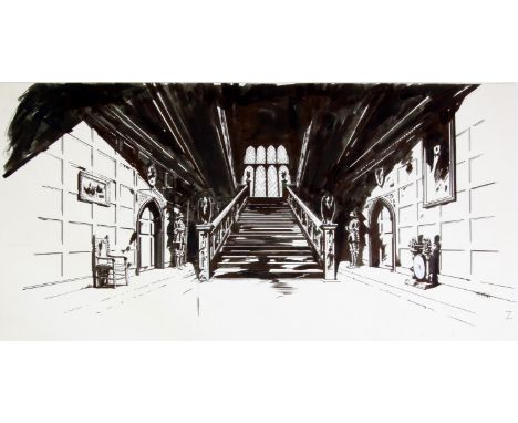   BBC Jane at War, Paul Birkbeck 1939-2019, Stately Hall and staircase Ghastly Grange, pen and ink drawing, 25 x 54 cms.. not