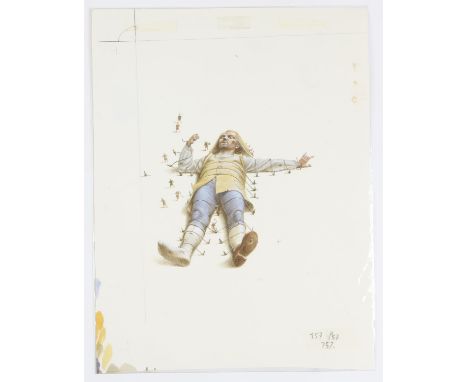   Gulliver in Lilliput, ill. Paul Birkbeck 1939-2019, written by  Jonathan Swift, Gulliver breaking free of his bonds, 16 x 1