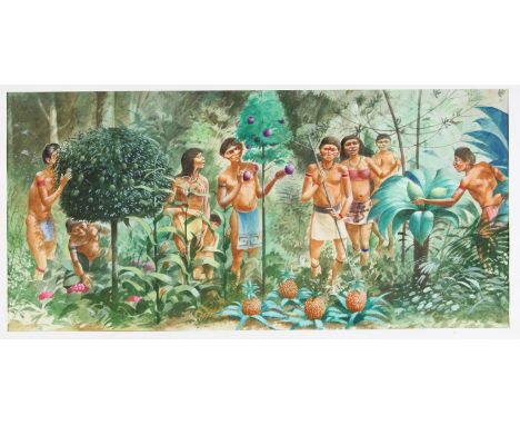   Ethnographic series, Paul Birkbeck 1939-2019, Amazonian tribe collecting fruit, 23 x 48 cms., mounted on board, not signed 