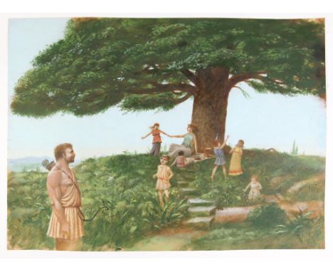   BBC Zig Zag, Ancient myths, Paul Birkbeck 1939-2019, Man approaching a woman and her six children under a tree, 40 x 54 cms