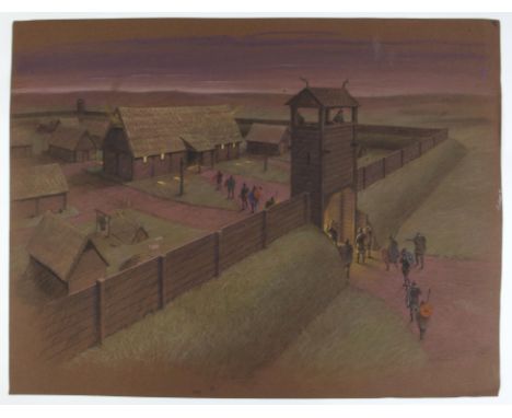   Paul Birkbeck 1939-2019, A Roman fort with soldiers returning at dusk, 46 x 64 cms, not signed, ABOUT PAUL BIRKBECK; an app