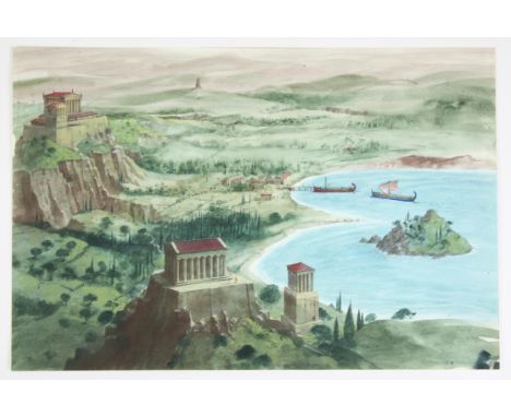   BBC Zig Zag, Greek myths, Paul Birkbeck 1939-2019, extensive ancient Greek coastal landscape with boats and temples,35 x 52