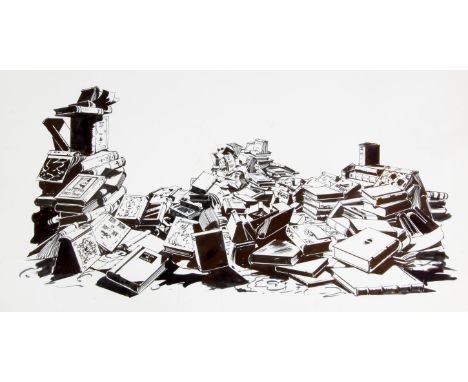   BBC Jane at War, Paul Birkbeck 1939-2019, Piles of books in the library at Ghastly Grange, pen and ink drawing, 26 x 45 cms