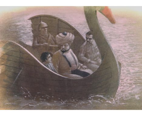   Paul Birkbeck 1939-2019, Man in a turban and others in a boat in the form of a swan, and the swan boat capsizing in a rough