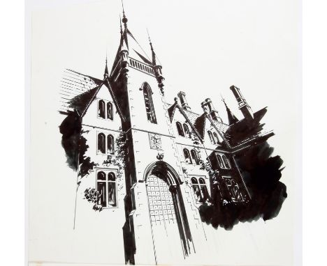   BBC Jane at War, Paul Birkbeck 1939-2019, The facade of a Gothic building Ghastly Grange, pen and ink drawing, 26 x 21 cms.