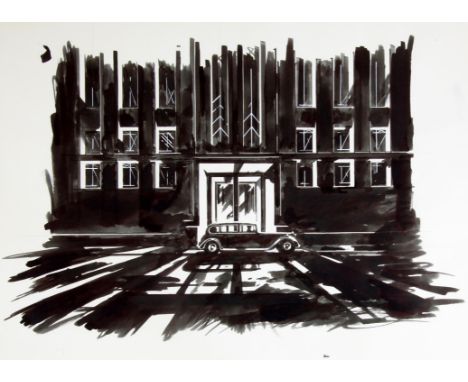   BBC Jane at War, Paul Birkbeck 1939-2019, The facade of an Art Deco building with a limousine in front of it, pen and ink d