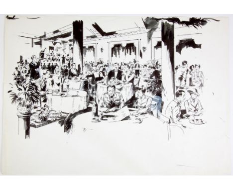   BBC Jane at War, Paul Birkbeck 1939-2019, A crowded fashionable London Restaurant The Savoy Grill, pen and ink drawing, 32 