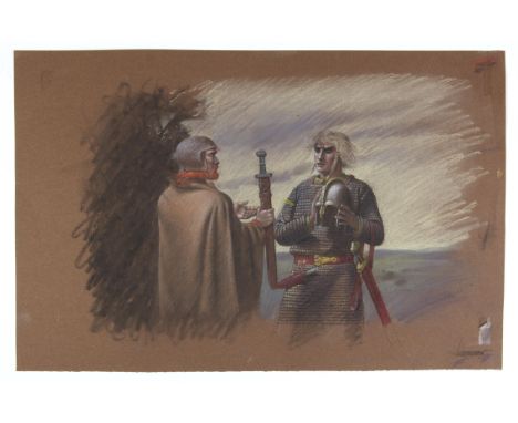   For case TV,The Story of Beowulf illustrated by Paul Birkbeck 1939-2019, A knight with Beowulf, 30 x 37 cms.. not signed, c