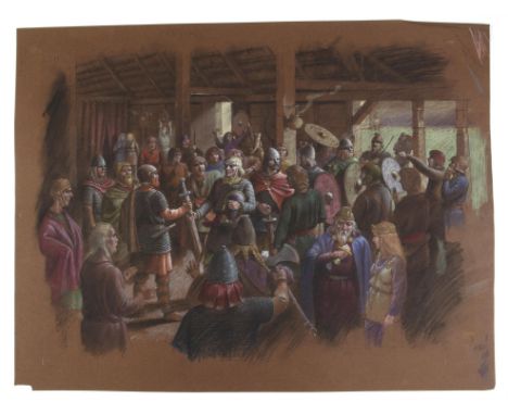   For Case TV, The Story of Beowulf illustrated by Paul Birkbeck 1939-2019, Beowulf in a crowded tavern, 60 x 43 cms.. not si