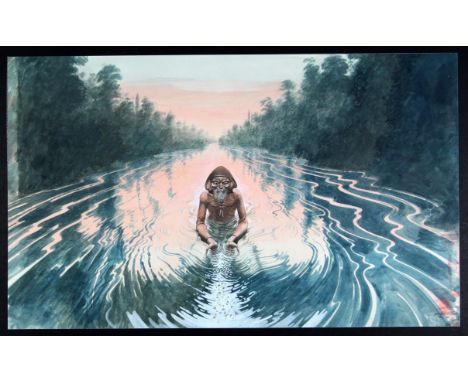   Ethnographic series, Paul Birkbeck 1939-2019, Amazonian elderly man wading in a river, 31 x 52 cms., mounted on board, not 