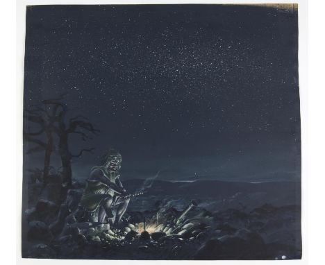   Paul Birkbeck 1939-2019, Hercules sitting beside an open fire at night, 46 x 48 cms, not signed. ABOUT PAUL BIRKBECK; an ap