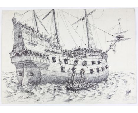   Gulliver in Lilliput, ill. Paul Birkbeck 1939-2019, written by  Jonathan Swift, A galleon at sea, pen and ink on board, 41 