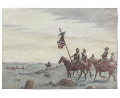   Paul Birkbeck 1939-2019, mounted Roman soldiers with a head on a spear, a fort in the distance, 42 x 60 cms, not signed,  A