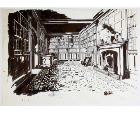   BBC Jane at War, Paul Birkbeck 1939-2019, Ghastly Grange library, pen and ink drawing, 39 x 53 cms.. not signed, 1982 broad