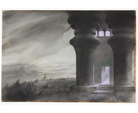   BBC Zig Zag, Greek myths, Paul Birkbeck 1939-2019, Perseus walking away from an open temple door with Doric columns, 36 x 5