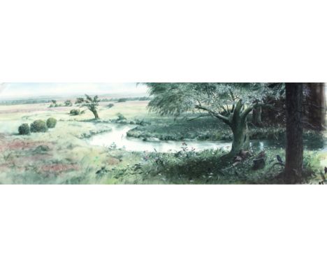   Panoramic landscape with a winding river, by Paul Birkbeck 1939-2019, 35 x 112 cms. ABOUT PAUL BIRKBECK; an appreciation, w