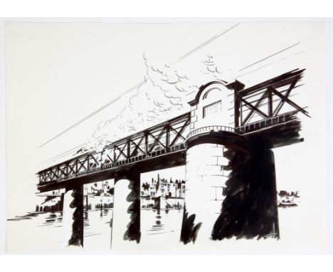   BBC Jane at War, Paul Birkbeck 1939-2019, A railway Bridge over a large river (Thames?), pen and ink drawing, 29 x 37 cms..