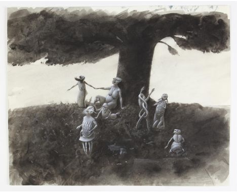   Paul Birkbeck 1939-2019, Grotesque figures under a tree, 29 x 33 cms, not signed, ABOUT PAUL BIRKBECK; an appreciation, wri