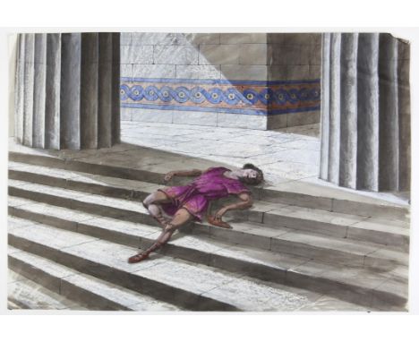   Paul Birkbeck 1939-2019, A boy lying on the steps of a temple, 39 x 53 cms, not signed. ABOUT PAUL BIRKBECK; an appreciatio