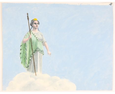   Paul Birkbeck 1939-2019, Greek goddess (possibly Hera) on Olympus in the clouds, 28 x 35 cms, not signed, ABOUT PAUL BIRKBE