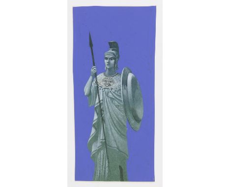   Paul Birkbeck 1939-2019, Greek goddess (possibly Athena) wearing a helmet, blue background, 27 x 12 cms, not signed, ABOUT 