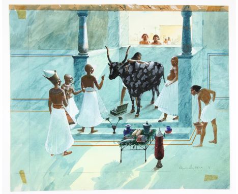   BBC Zig Zag, Ancient myths (Egyptian), Paul Birkbeck 1939-2019,  a cow being groomed and prepared for a religious ceremony;