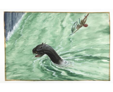   BBC Zig Zag, Greek myths, Paul Birkbeck 1939-2019, Perseus flying through the air towards a sea monster with his sword draw